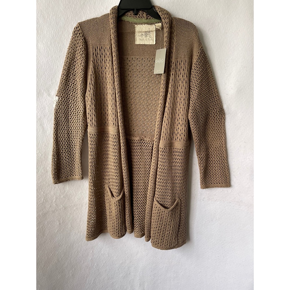Anthropologie Angel of the North Tan Crochet Knit Open Front Cardigan XL New